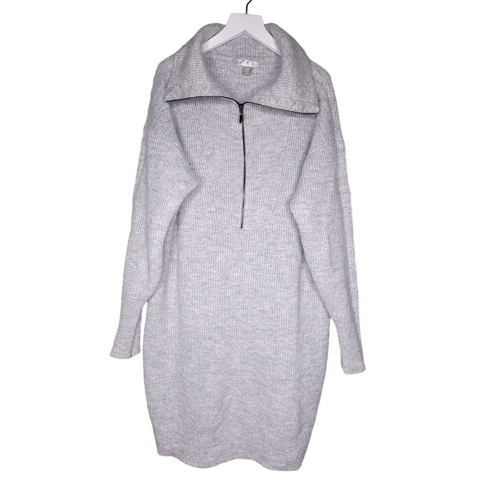 Venus Sweater‎ Dress Gray 1/4 Zip Cowl Ribbed Ragland Sleeve Wool Blend XL